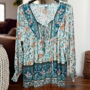 Brown Coco Bohemian Top Womens 1XL Green Blue Tan Front Ties Smocked Cuffs Boho